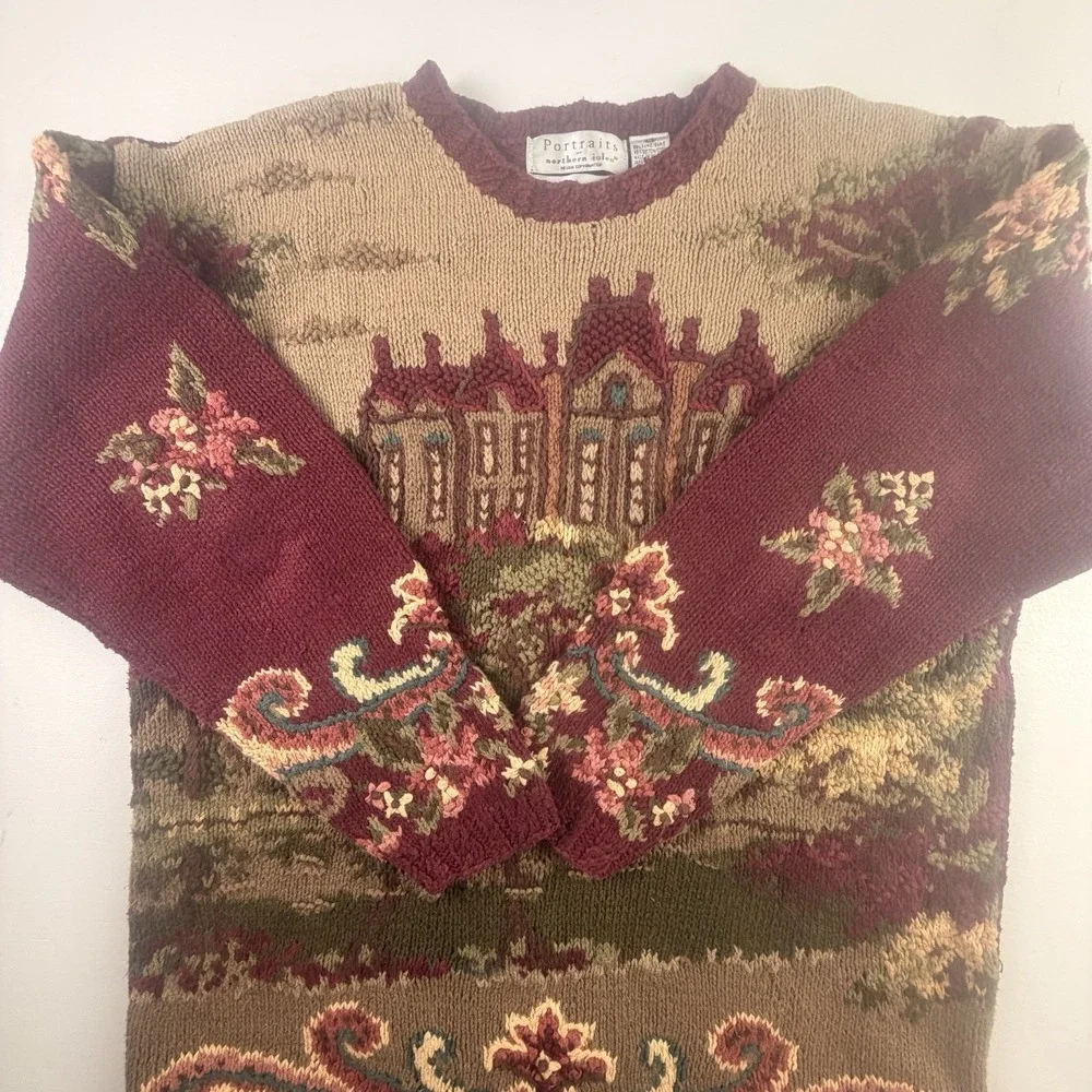Vintage Country Mansion House Hand Knitted Floral Sweater Northern Isle Large - Picture 3 of 16